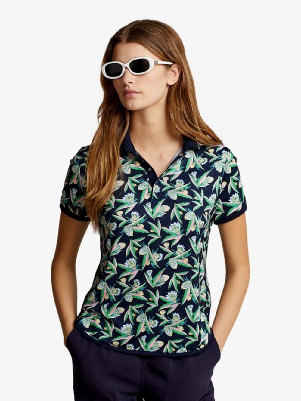 RLX Floral Airflow Short Sleeve Polo Shirt, Navy/Green  Polo Ralph Lauren Golf
